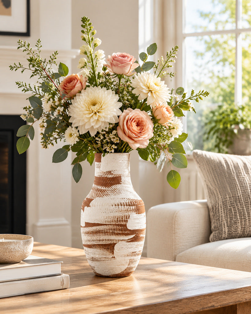 Caramel Brown & White Brushstroke Tall Textured Vase - 12.4"