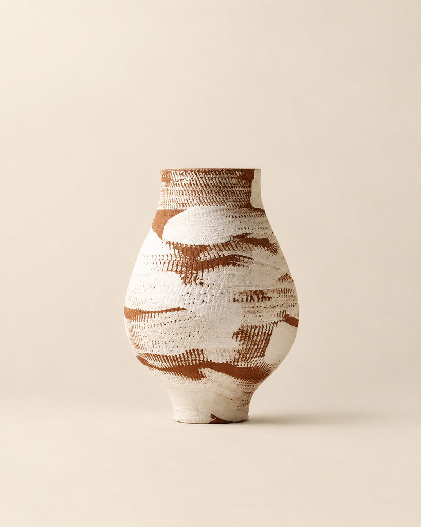 Caramel Brown & White Brushstroke Textured Vase - 9.5"