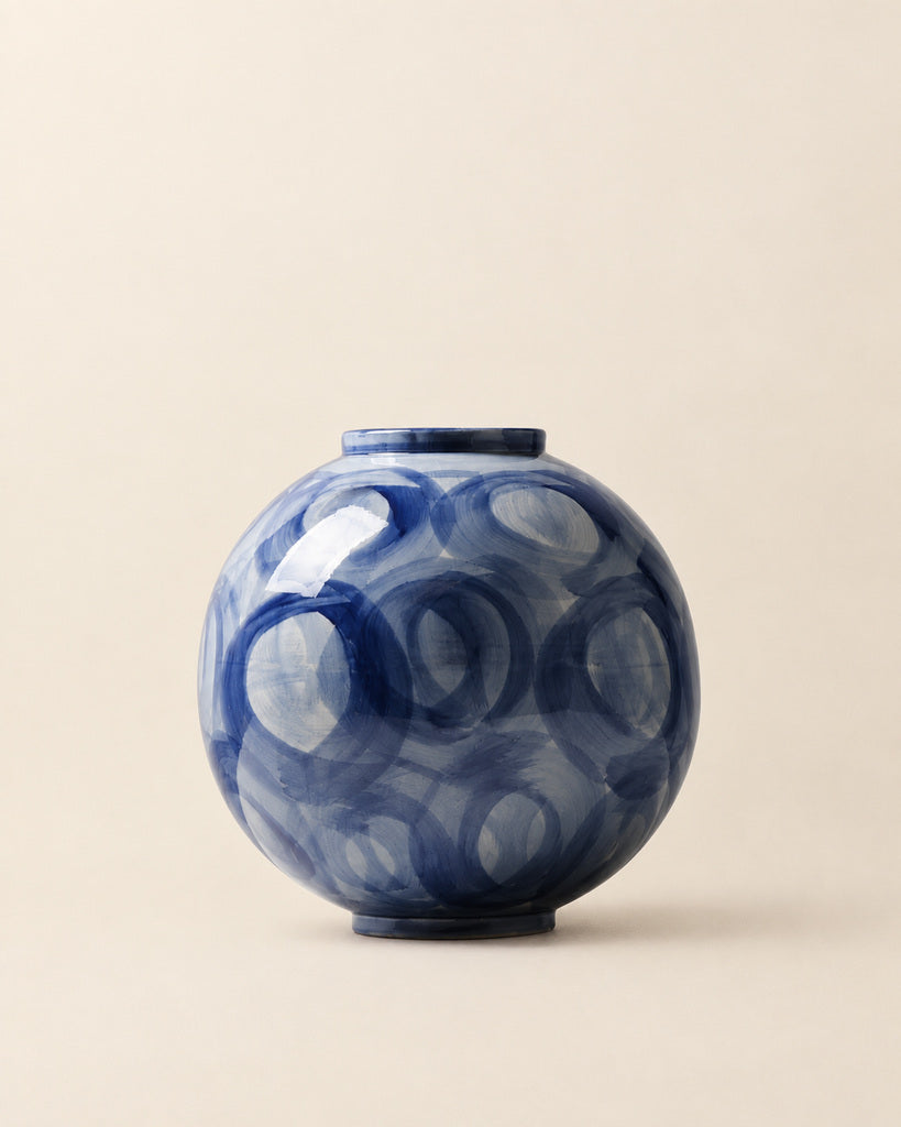 Blue & White Circular Brushstroke Rounded Vase - 11.0"