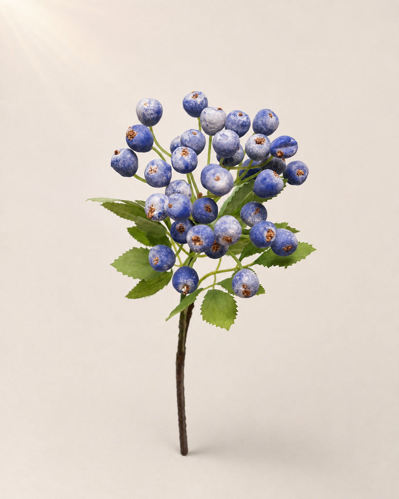 Blue Fabric-Leaf Artificial Blueberry Branch - 36 cm