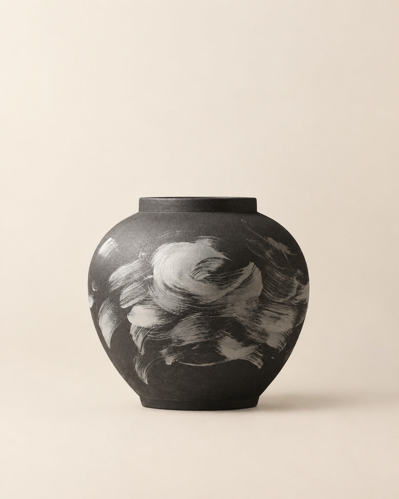 Charcoal Black & White Abstract Brushstroke Rounded Vase - 10.0"