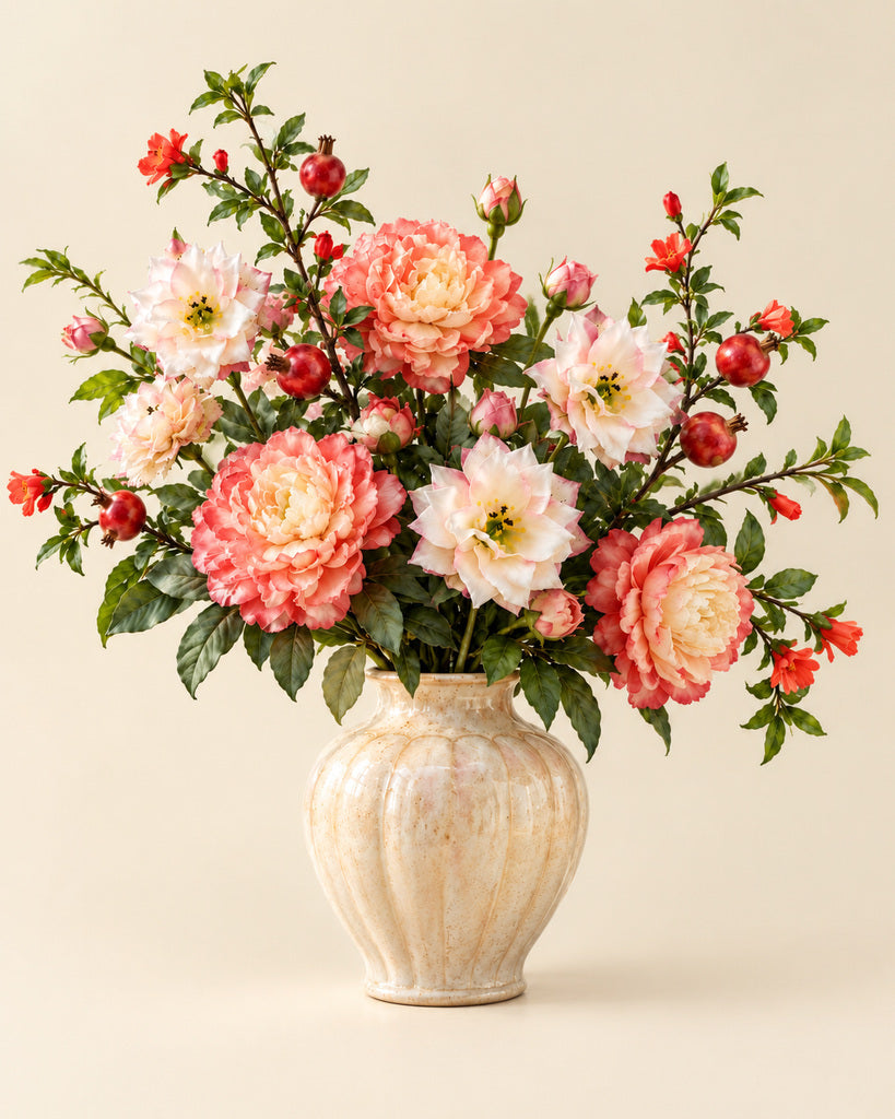 Coral Peony & Pomegranate Autumn Faux Flower Bundle