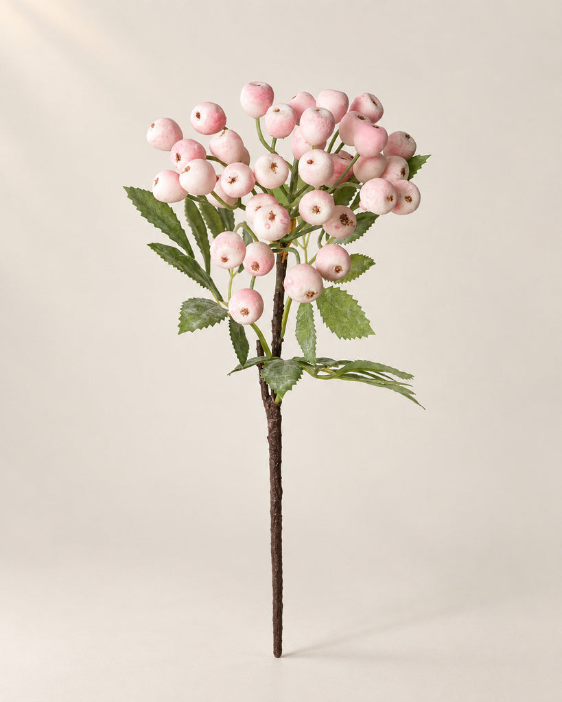 Pink Fabric-Leaf Artificial Wild Berry Branch - 36 cm