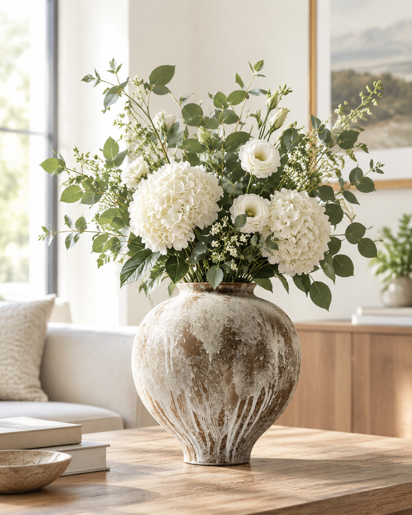 Weathered Taupe & White Wide-Rim Rounded Textured Vase - 11.2"