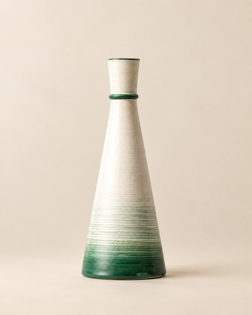 White & Sage Green Tall Ribbed Tapered Sculptural Vase - 14.7"