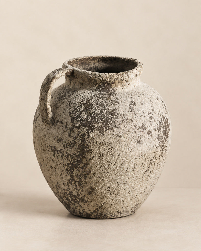 Weathered Ivory Single-Handle Wide-Rim Earthenware Vase - 11.8"
