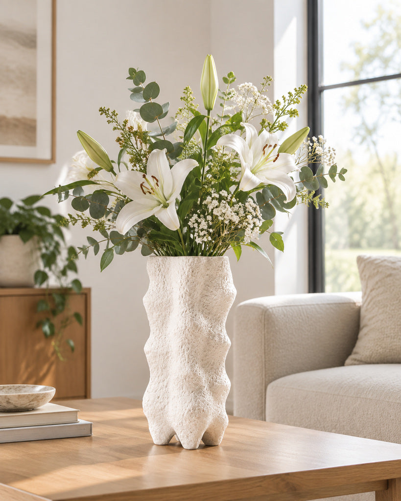 White Tall Rough-Textured Organic Sculptural Vase - 15.0"