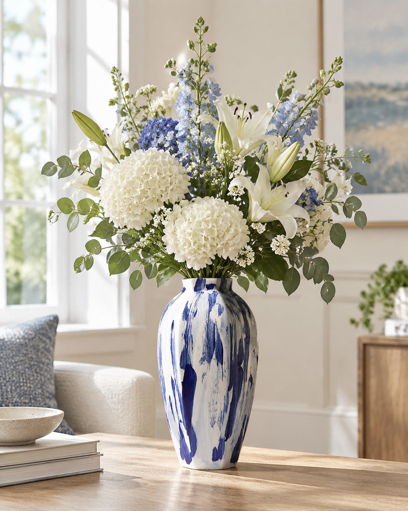 Ivory White & Cobalt Blue Tall Brushstroke Vase - 13.8"