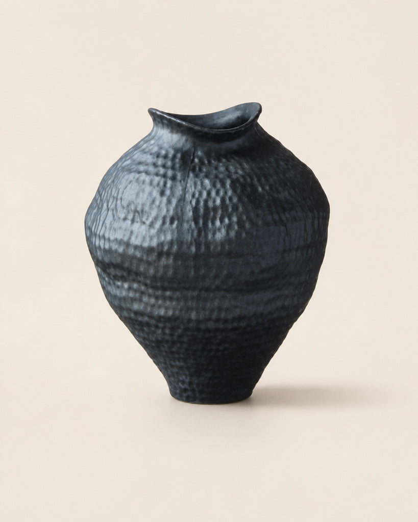 Carbon Black Irregular Rim Textured Ceramic Vase - 12.2"