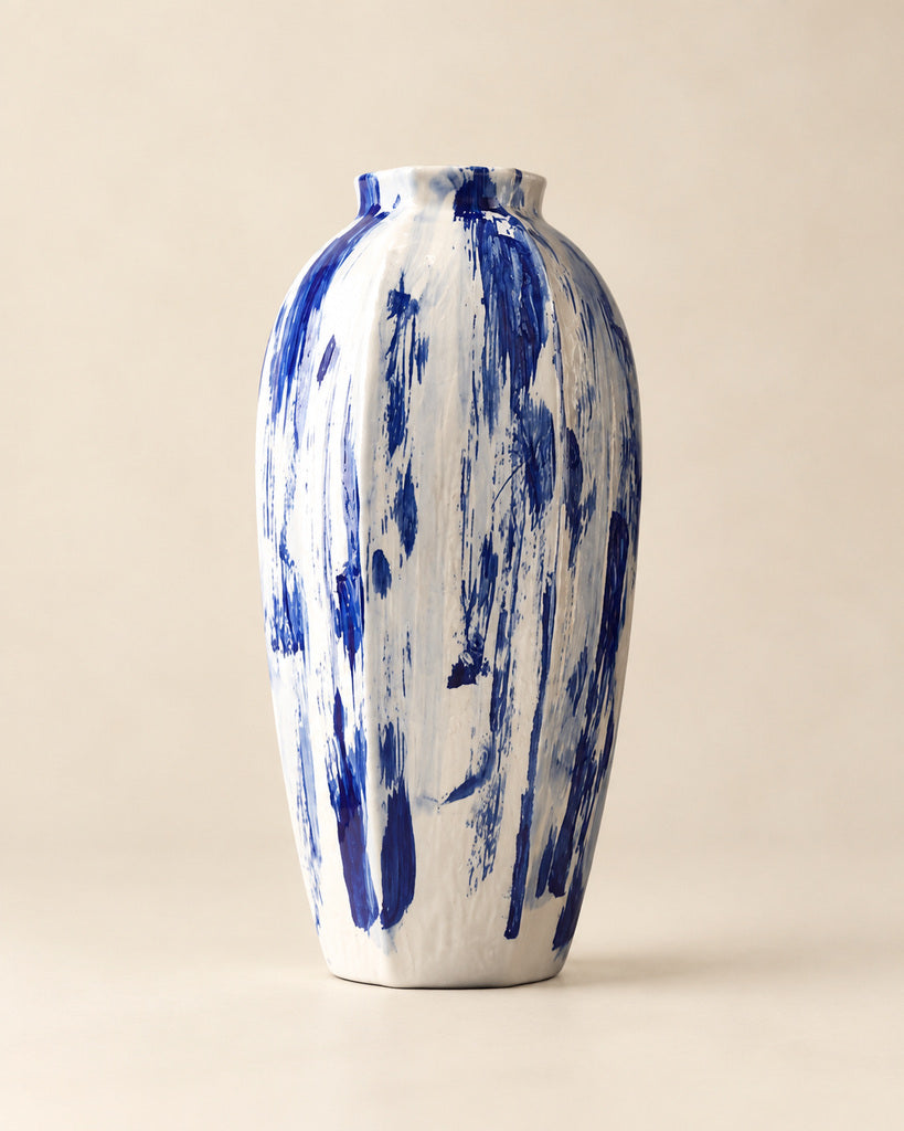 Ivory White & Cobalt Blue Extra-Tall Brushstroke Vase - 15.6"