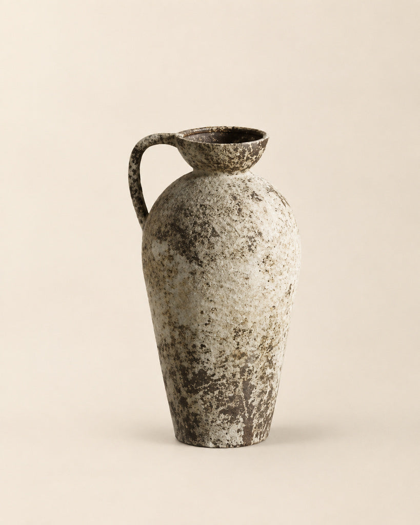 Weathered Ivory Single-Handle Bowl-Rim Earthenware Vase - 14.2"