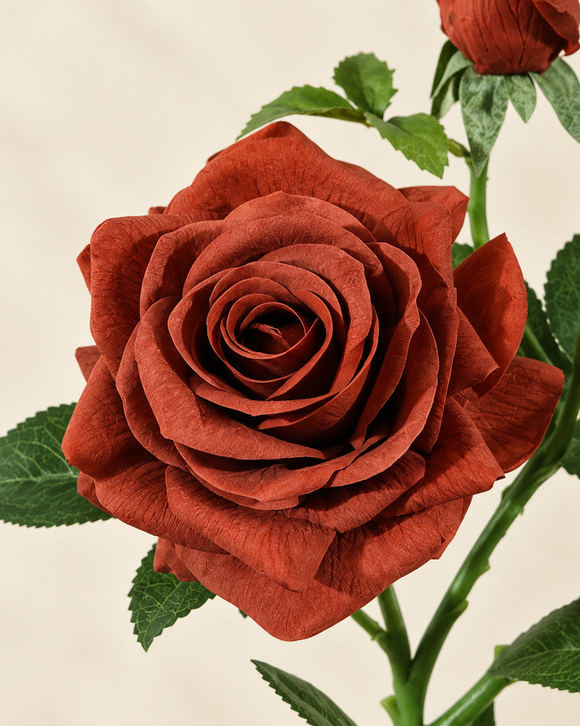 Deep Terracotta 3-Head Princess Rose Faux Flower Stem - 75cm
