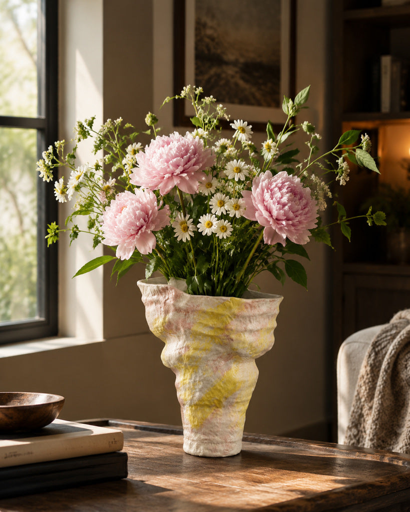 Ivory Pink-Yellow Textured Sculptural Vase - 13.4"