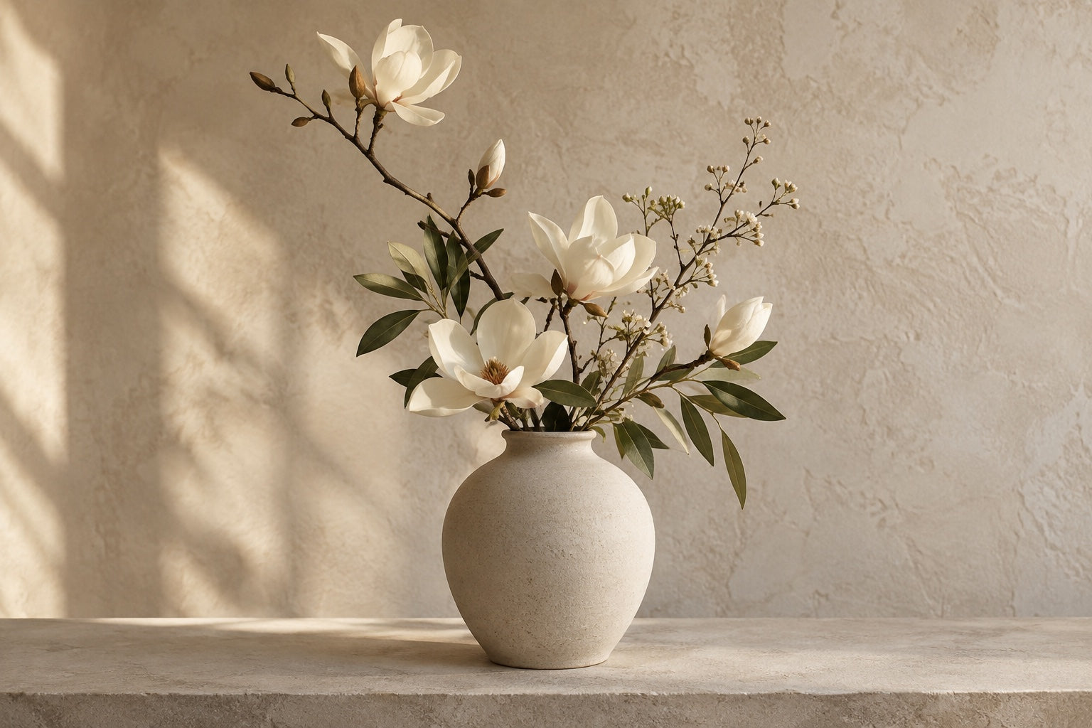 An airy arrangement of ivory magnolias and budding branches in an oatmeal ceramic vase