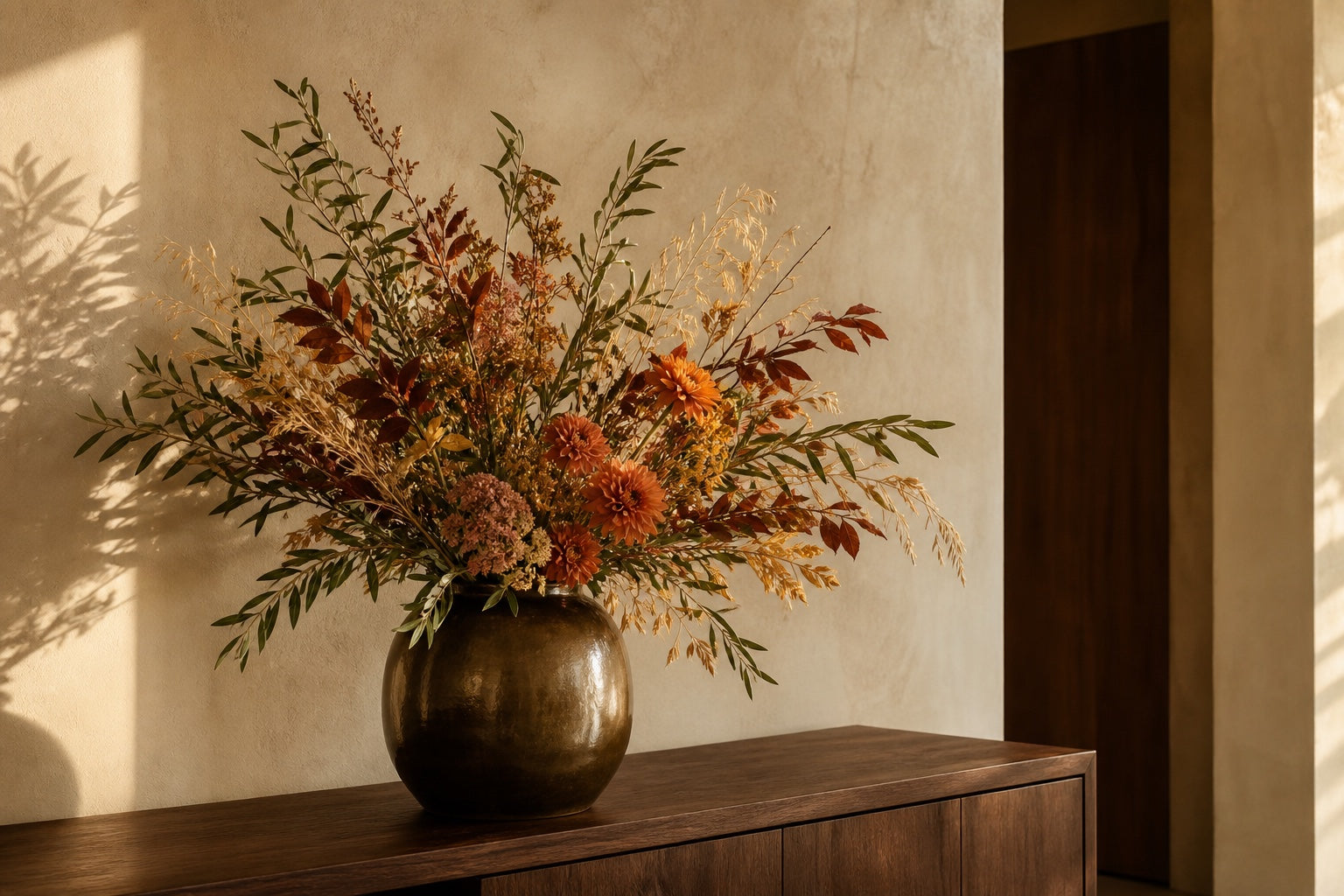 A warm seasonal floral arrangement styled for early autumn