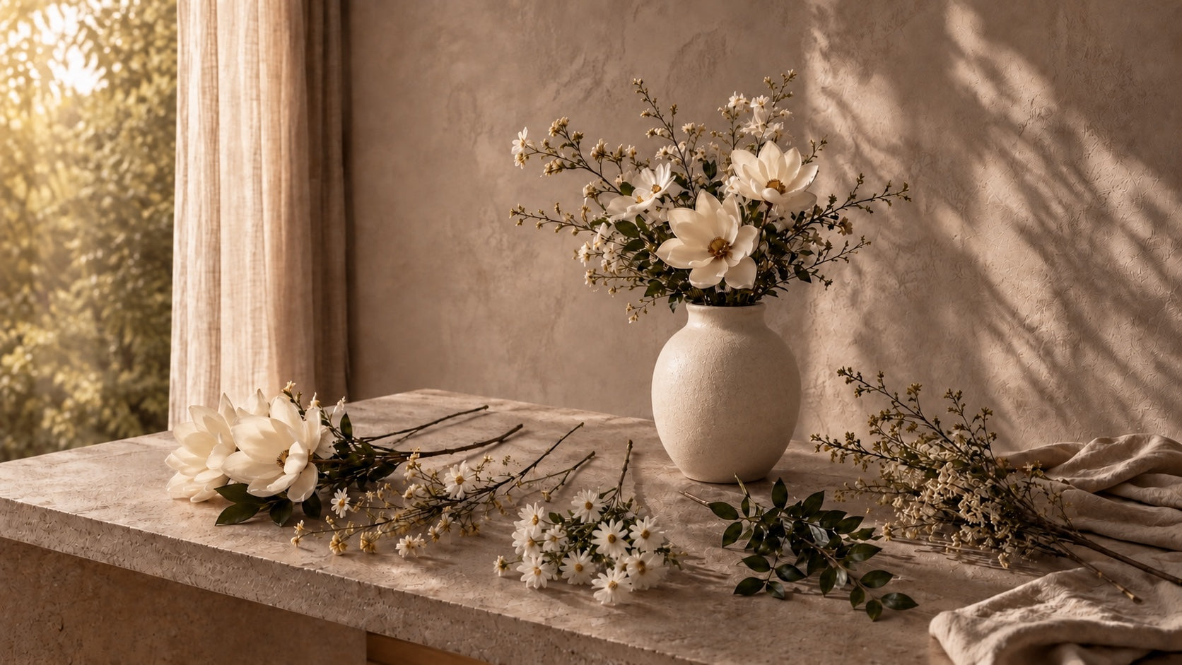Ivory botanicals in a matte ceramic vase with individual flower stems arranged across a sunlit stone worktable