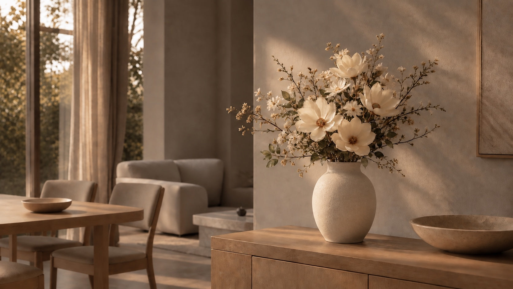 An ivory floral arrangement in a warm-white stoneware vase on an oak console in a light-filled home